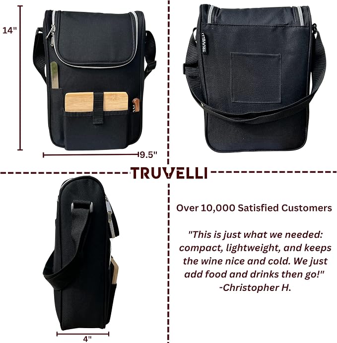 Truvelli Black Insulated Wine Tote Bag: Portable 2 Bottle Cheese Waterproof - Image 4