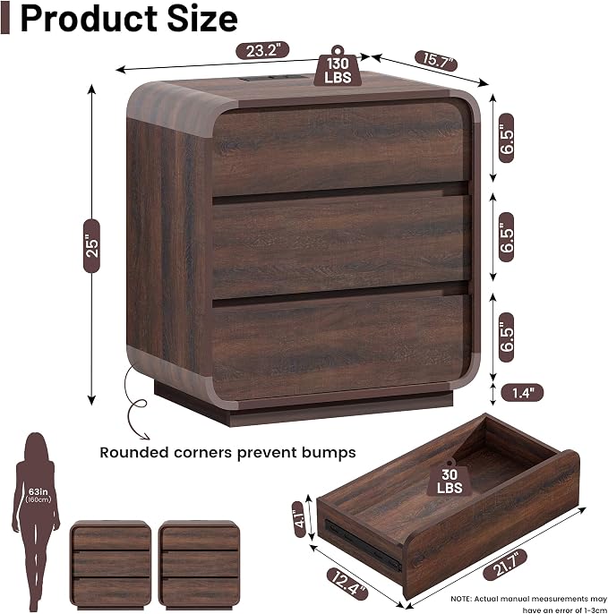 Modern Nightstand Set of 2, 23.2" Wide Wood Bedside Table - Image 3