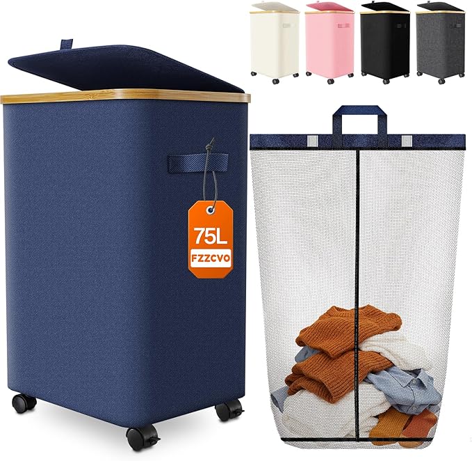 Laundry Hamper with Wheels, 75L Large Clothes Hamper with Removable Inner Bag by Fzzcvo
