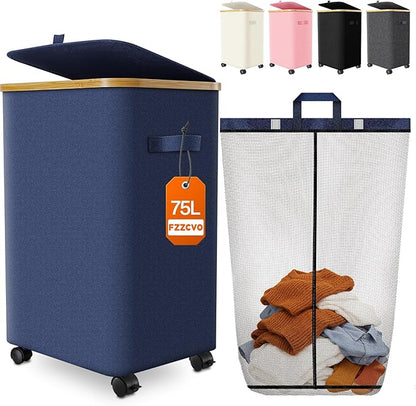 Laundry Hamper with Wheels, 75L Large Clothes Hamper with Removable Inner Bag by Fzzcvo