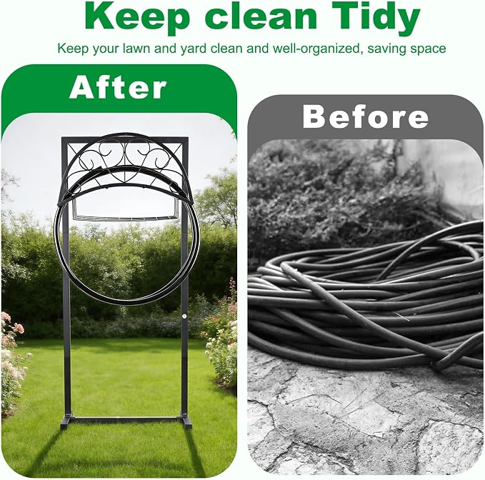 Garden Hose Holder Stand with Storage Basket, Heavy Duty Freestanding Metal - Image 6