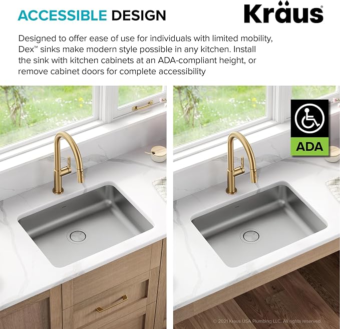 KRAUS Dex 25-inch Undermount 16 Gauge Stainless Steel Single Bowl ADA Kitchen - Image 5