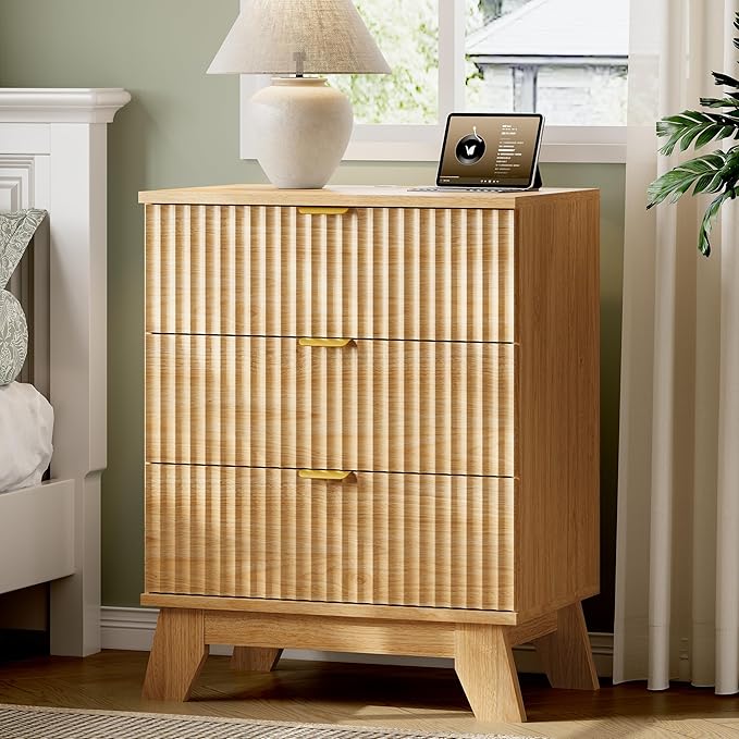 Fluted Nightstand with Charging Station, Modern Wood Side Table Night Stand by Xixini