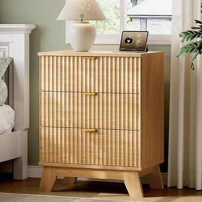 Fluted Nightstand with Charging Station, Modern Wood Side Table Night Stand by Xixini
