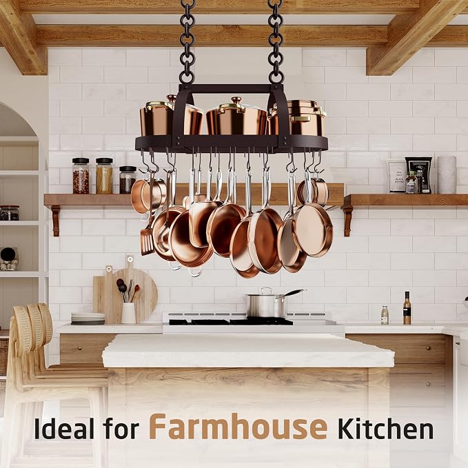 KES 34 Inch Oiled Bronze Hanging Pot Rack, Heavy Duty Oval Pot and Pan Hanging - Image 5