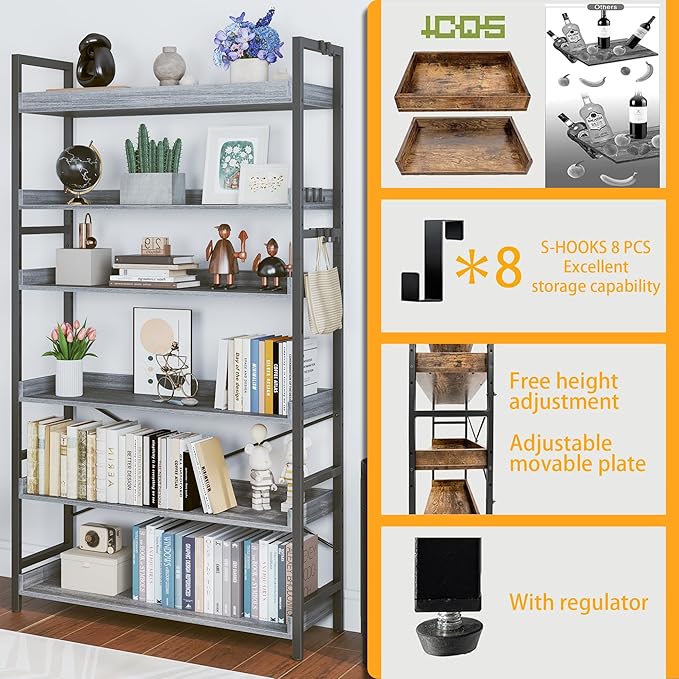 HCHQHS Bookshelf, Adjustable Industrial Bookcase, Vertical Tall Book Shelf - Image 6