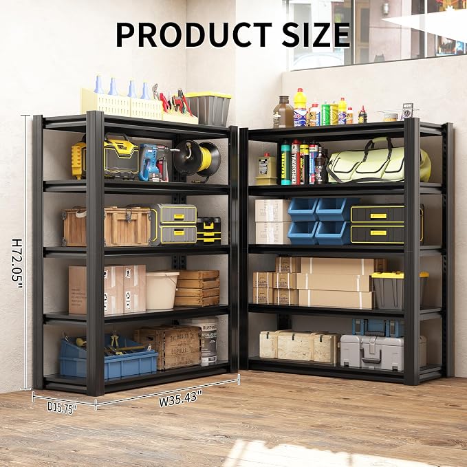 72" H Garage Shelving 2500 LBS Heavy Duty Storage Shelves, Adjustable 5 Tier - Image 3