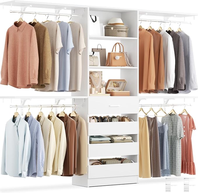 Aheaplus Closet System with 4 Drawers, 8FT Wood Closet Organizer System by Aheaplus