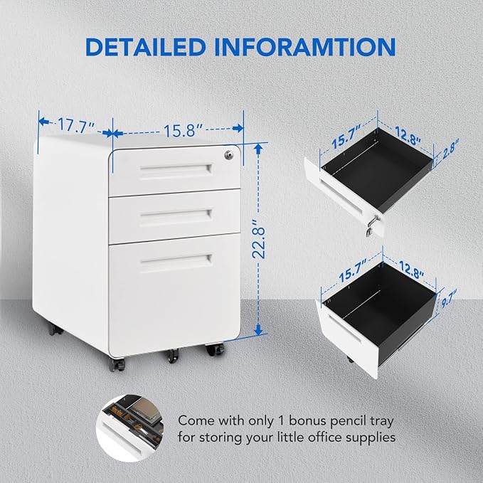 FLEXISPOT Metal File Cabinet for Under Desk Storage Mobile 3 Drawer File - Image 7