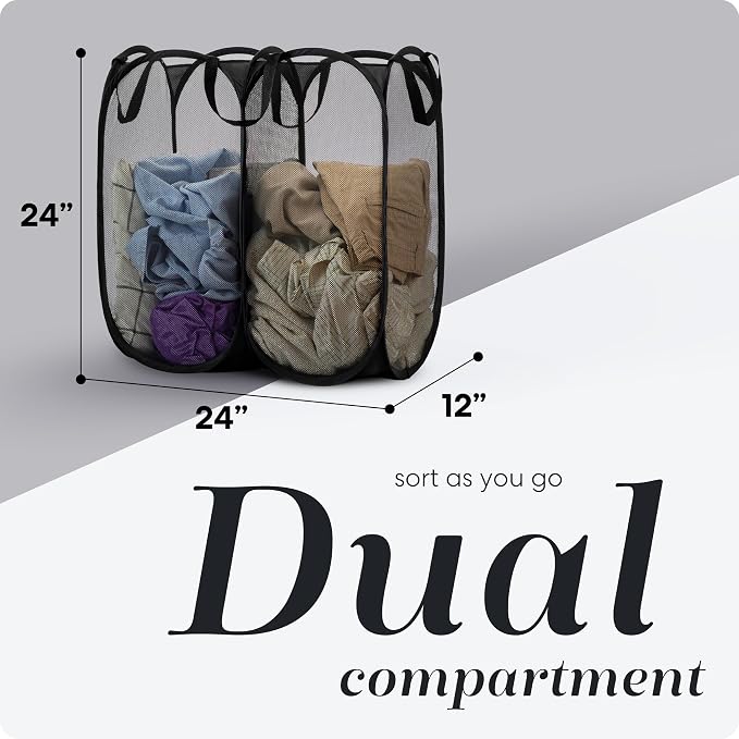 Handy Laundry Double Pop Up Hamper, 2 Section Mesh Basket, 44 Gal Foldable - Image 2