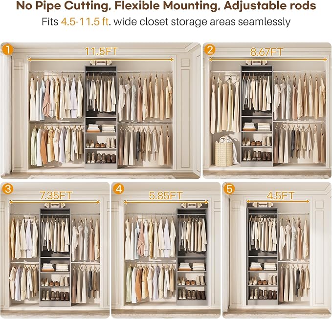 Homieasy Closet System, 4.5-11.5 Ft Expandable Closet Organizer, Walk-in Wood - Image 4