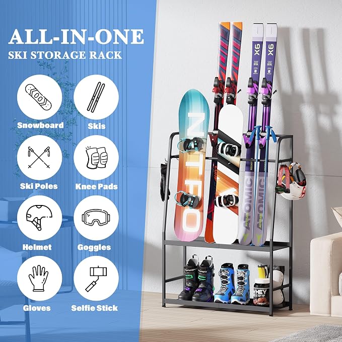 Ski Rack for Garage, Freestanding Snowboard Rack for Ski, Ski Boot, Ski Poles - Image 3