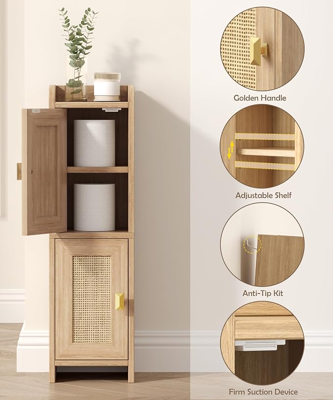 Akxomel Rattan Small Bathroom Cabinet Narrow Toilet Paper Organizer Oak | - Image 5