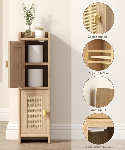 Akxomel Rattan Small Bathroom Cabinet Narrow Toilet Paper Organizer Oak | - Image 5