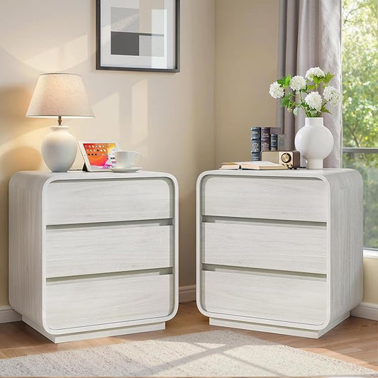 White Nightstand Set of 2 with Charging Station, 23.2" Wide Wood Bedside Table by StandifurnoFurniture