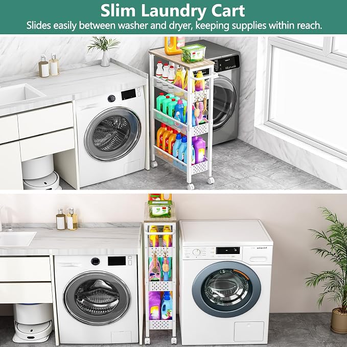 Utility Slim Storage Cart, 4 Tier Small Rolling Kitchen Laundry Room Cart - Image 7