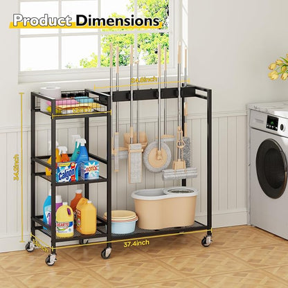 Broom Holder with Cleaning Supplies Organizer, Movable Broom Closet Storage - Image 2