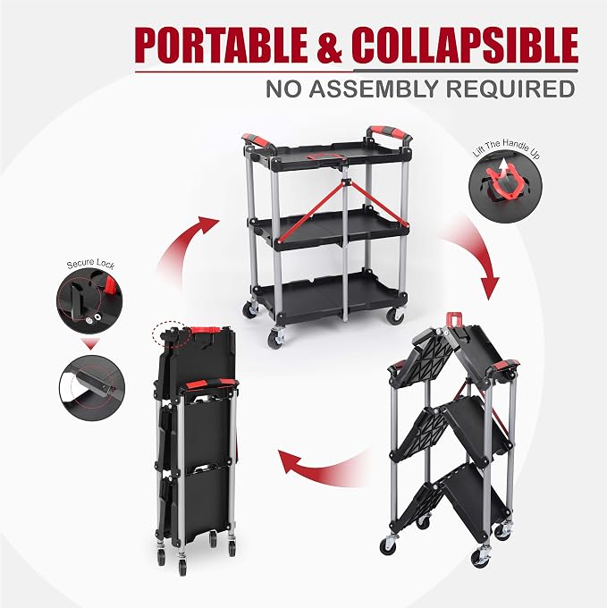 【Foldable Utility Cart with 3 Shelves】 Heavy Duty Plastic Rolling Cart - Image 3