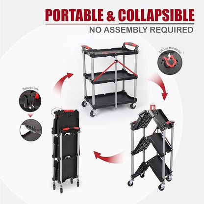 【Foldable Utility Cart with 3 Shelves】 Heavy Duty Plastic Rolling Cart - Image 3