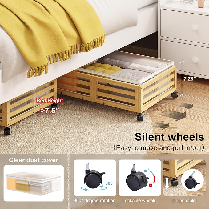 Under Bed Storage with Wheels-Large Bamboo Underbed storage Containers with - Image 4