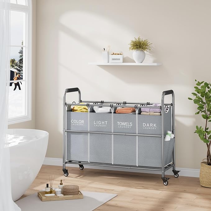 Tajsoon 4 Bag Laundry Sorter Cart, 4 Section Laundry Hamper Sorter - Image 6