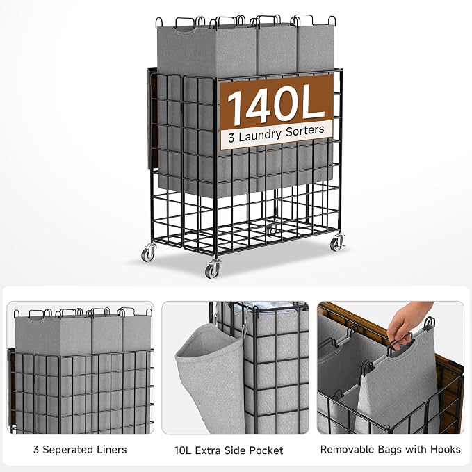 Laundry Basket with Wheels, Heavy Duty Laundry Sorter 3 Sections, 140L Large - Image 2