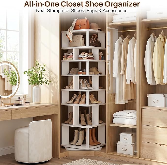 7 Tier Wood Rotating Shoe Rack Tower, Revolving 360 Lazy Susan, - Image 5