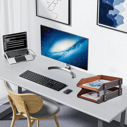 Leather Desk Organizer, 2-Tier Stackable Letter Tray Holder, Office Supplies - Image 7