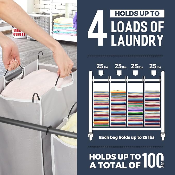 STO STO Laundry Sorter 4 Section, 4 Bag Laundry Hamper, Rolling Laundry Cart - Image 4