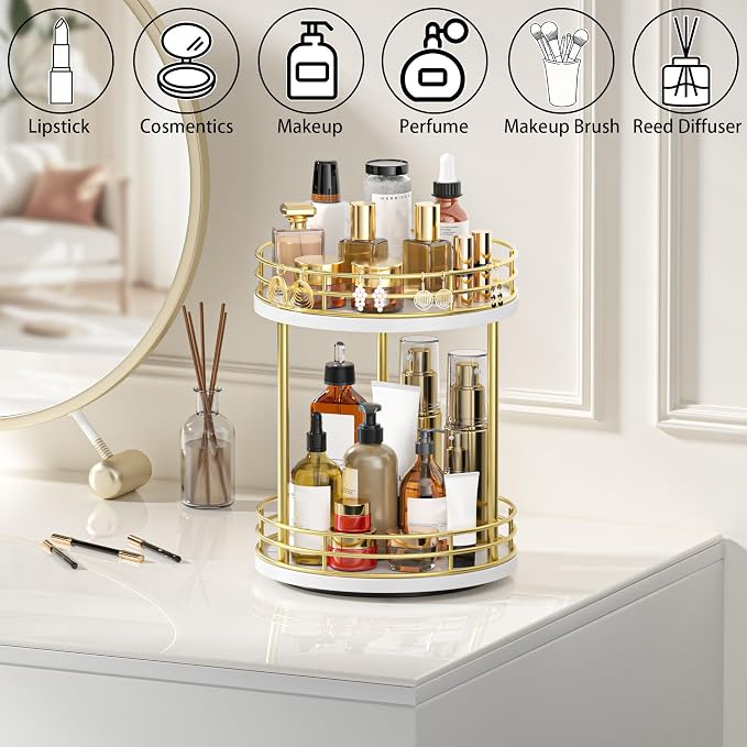 2-Tier Rotating Bathroom Countertop Organizer, Wooden Makeup Vanity Storage - Image 2