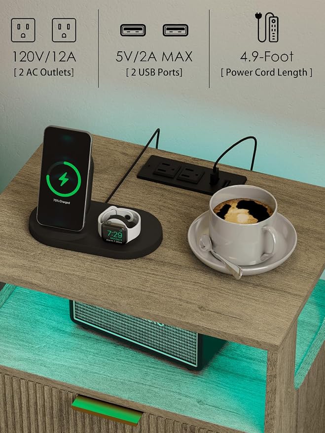 Nightstand with Charging Station and LED Lights, Modern Bedside Table with 2 - Image 6