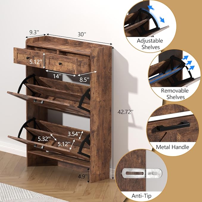 Thacuok Shoe Cabinet with 2 Flip Drawers & 2 Storage Drawers, Rustic Farmhouse - Image 6
