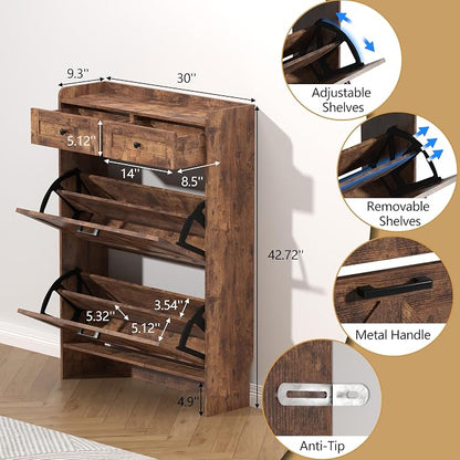 Thacuok Shoe Cabinet with 2 Flip Drawers & 2 Storage Drawers, Rustic Farmhouse - Image 6