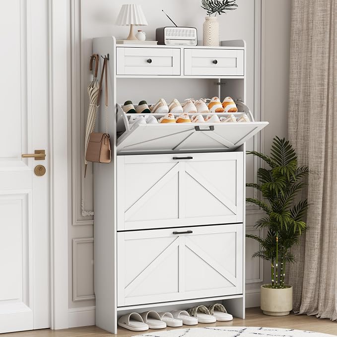 Shoe Cabinet with 3 Flip Drawers & 2 Top Drawers, Hidden Slim Shoe Rack by Xixini