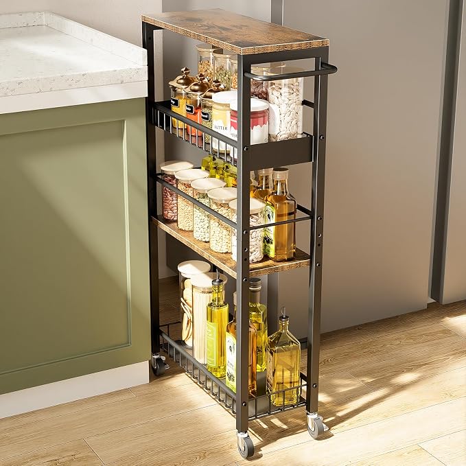 Slim Rolling Storage Cart, 4 Tier Narrow Storage Cart, 7.1in | Metal Kitchen by Kssiaz