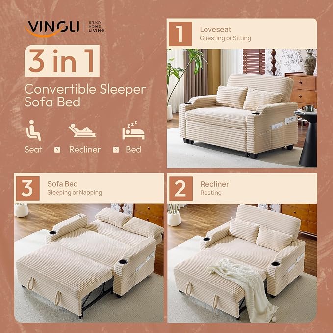 VINGLI Beige Futon Sofa Bed Convertible Loveseat Sleeper Sofa Couch, Corduroy - Image 5