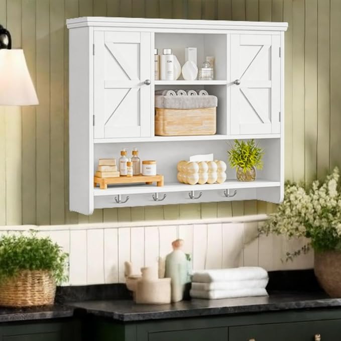 Bathroom Wall Cabinet with Doors and Hooks, 3-Tier Wall Mounted Cabinet | - Image 2