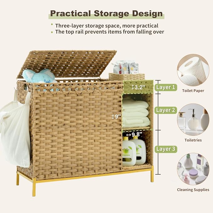 Laundry Hamper with Lid, 130L Rattan Laundry Hamper 3 Section with 50L Storage - Image 4
