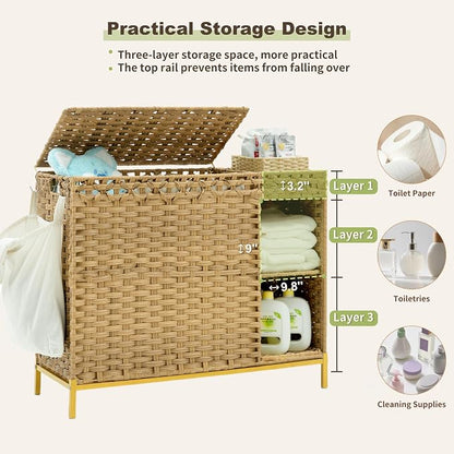 Laundry Hamper with Lid, 130L Rattan Laundry Hamper 3 Section with 50L Storage - Image 4