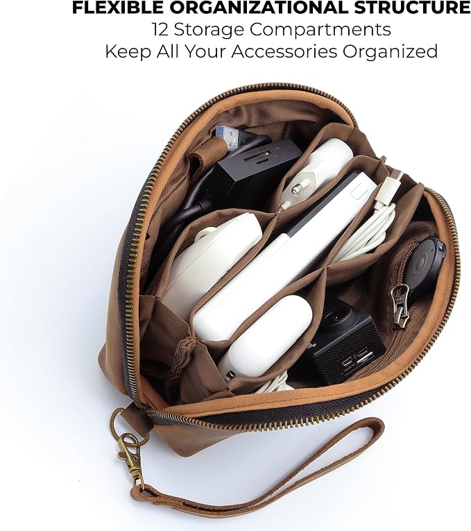 Leather Tech Pouch for Cables Chargers Phone | Tech Bag | Zipper Travel - Image 2