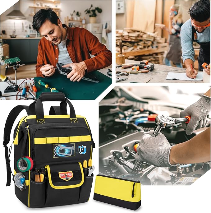 Tool Bag Backpack with Zipper Pouch and Magnetic Attraction Area, Heavy-Duty - Image 8