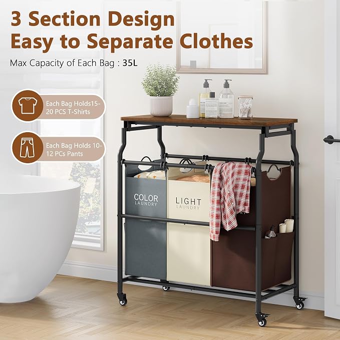 Hoctieon 3 Section Laundry Sorter Cart - Image 5