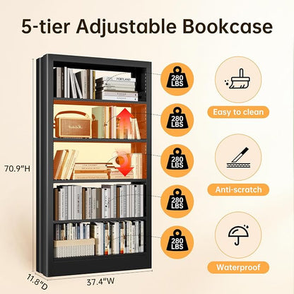 5-Tier Bookcase with Adjustable Storage Shelves, Heavy Duty Bookcase, Metal - Image 2