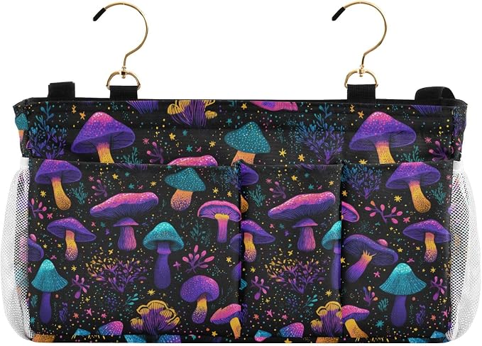 Neon-colored Mushrooms Stars Dots Bedside Caddy by QwThum