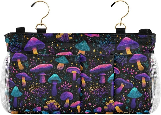 Neon-colored Mushrooms Stars Dots Bedside Caddy by QwThum