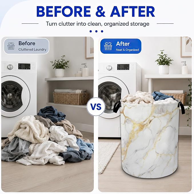 White Marble Laundry Basket Foldable Waterproof Oxford Cloth Tote Bag Laundry - Image 4