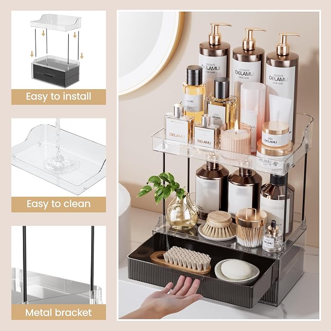 Delamu Bathroom Organizers and Storage, 2 Tier 2 Drawer Makeup Organizer - Image 7