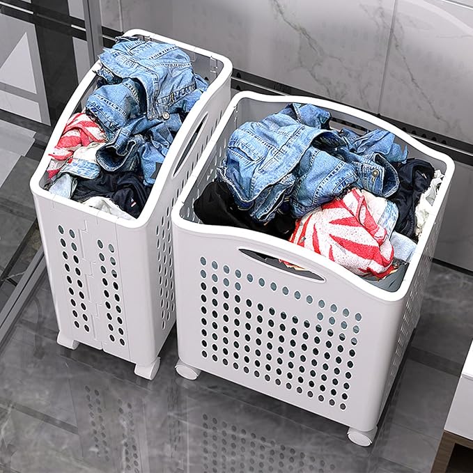 Rolling Laundry Hamper with Wheels White Plastic Storage Bin with Handles - Image 6