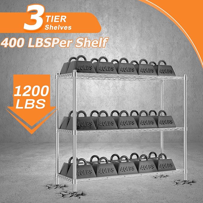 ROOMTEC 3-Tier Heavy Duty Wire Shelving Unit, 1200 lbs Total Capacity - Image 6