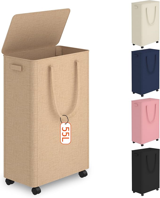 Slim Laundry Hamper with Wheels, 15 Gal Rolling Laundry Basket with lid and by Vincona